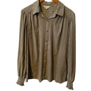 MAX STUDIO Womens Green Gingham Button Down Shirt Long Sleeve Ruffle Cuff Size M